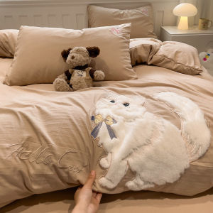 ins Cartoon Cat Patchwork Embroidery Four-Piece Set Ultra Soft Washed Cotton Duvet Cover Student Dormitory Bed Sheet Three-Piece Set Bed Skirt 4LZD
