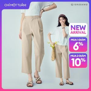 GIORDANO Women Pants Stretch Cotton Lightweight Pants Pleated Half Elastic Waist Fashionable Casual Ankle Length Pants 13426424