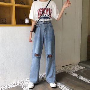 Jeans Wanita Celana Robek Polos Pinggang Tinggi Celana Denim Longgar