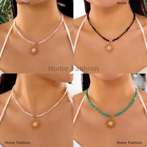 [COD] Home Fashion Retro Golden-Toned Sun Pendant Necklace For Women Elegant Beaded Chain Choker Neck Statement Party Vintage Jewelry Gift