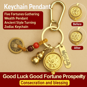 【Fortune Bringing】 Zodiac Signs Cornucopia Keychain Five Blessings Rotatable Lucky Pendant Decoration Accessories 五福十二生肖聚宝盆钥匙扣