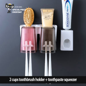 Japan No Drilling Toothbrush Holder with Toothpaste Dispenser Set Wall Mounted Makeup Storage Rack Kit Bathroom Organizer Shelf Supplies
