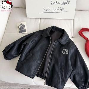 Christmas gifts Halloween Sanrio Y2K Hello Kitty Pu Leather Jacket Anime Girls Kawaii Spring Fall Cartoon Coat Student Loose Fashion Black Casual Tops