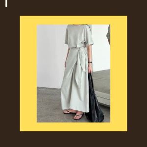 2026 Early Autumn New Women Retro Irregular Hem Dress Tie Waist Split Design Short Sleeve Long Dress