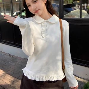 IELGY เสื้อยืดแขนยาวผู้หญิงเสื้อเก๋ไก๋แต่งระบายสีขาว