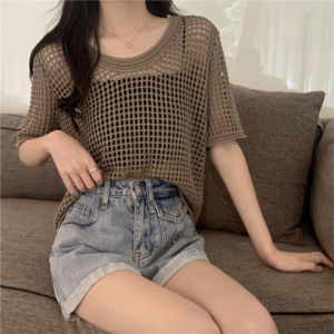 CORE Hollow Top Women Short Sleeve Knitted Shirt Loose Round Neck Ice Silk Unique Mesh Blouse COD