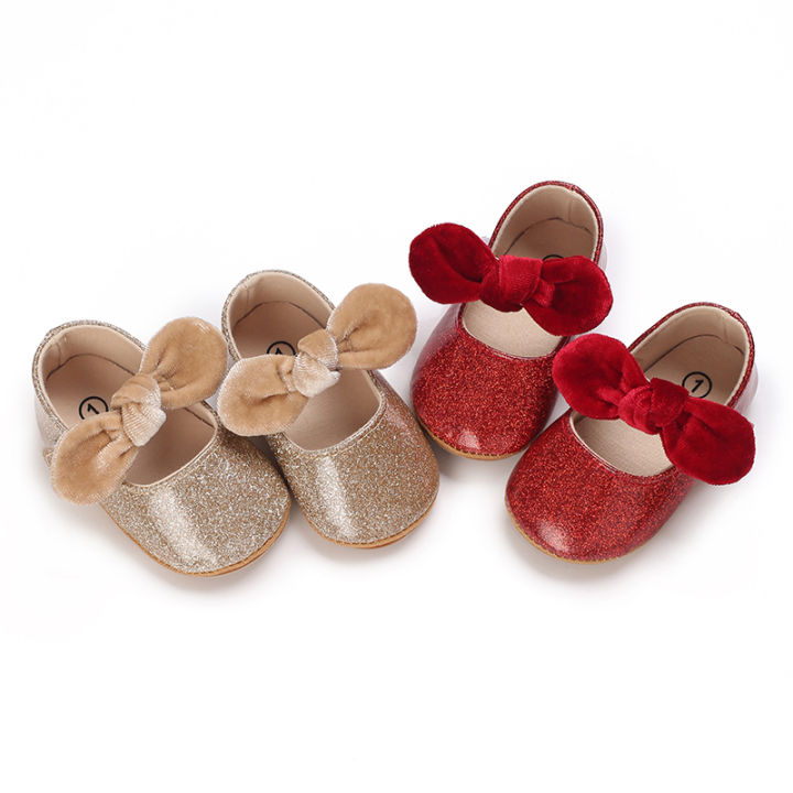 beautywoo】Baby Girl Premium PU Flats Infant Bow First Walker Crib