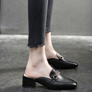Free Shipping New Style Leather Mules With A Closed Toe Featuring A Chunky Heel Perfect For Women Versatile And Easy To Match With Any Outfit Casual Style And Thick Sole
