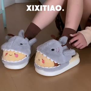 XIXITIAO Home Bedroom Warm Couple Cotton Slippers Fun Shark bee Comfortable Winter Headwrap for Men and Women ins Fur-Lined Shoes