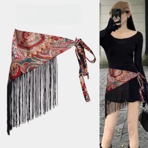 Chinese Style Triangular Waist Belt Printing Ethnic Style Butt Curtain Skirt High Waist Irregular Hem Floral Triangular Belt