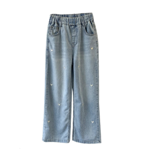 Quần bò rộng eo cao cho bé gái ngoài trời thoải mái Quần dài từ 5-12 tuổi xuân hè quần thời trang