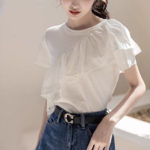 WomenS Pure Cotton T-Shirt Short Sleeved Summer Top Front Shoulder Loose Ruffle Edge Top 2025 New Blouses Plus Size