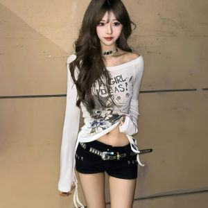 ⚡Port⚡ blouses women new style 2025 Retro Cat Print T-shirt Off Collar Hot Girl Top Slim Fitting Long Sleeved T-shirt