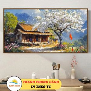 Tranh Treo Tường Phong Cảnh Nhà Vùng Cao - Tranh Mùa đông và cây đào  Tráng Gương Khung Vân Gỗ 7cm Cao cấp