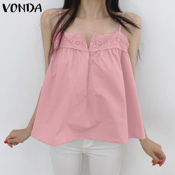 Vonda Women Summer Sleeveless Pleated Blouse T Shirts Casual Solid