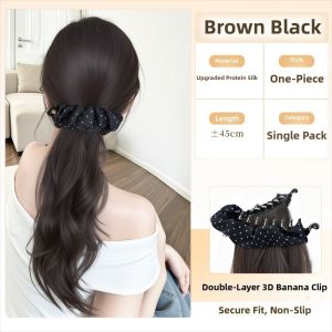 NRFYKYU Elegant Banana Claw Clip Ponytail Wig Synthetic with Grab Clip Polka Dot Pony Tail Hair Piece Sweet Natural Long Wavy Layered Ponytail For Women