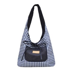 DYJKOUG Lattice Double Sided Plaid Denim Vest Bag Cloth Japanese Style Denim Shoulder Bag Casual Leisure Canvas Tote Bag Women