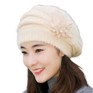 Mũ nồi dệt kim Với Thỏ Lông Thú Hoa Decors Áo Thun Hat Mùa Đông Mũ Nón Cho Phụ Nữ Mùa Đông Ấm Áp Mũ Nón