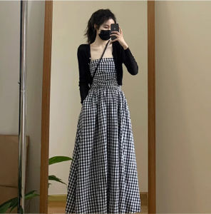 Set váy quây Caro kèm áo khoác cardigan dáng váy dài chun lưng co dãn ôm ngực siêu tôn dáng/Kiểu váy thô mềm thiết kế đẹp mặt phong cách Hàn Quốc_Kudoshop