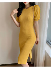 LUCKIN STORE ผู้หญิงฤดูร้อนผ้าฝ้ายแขนสั้นเสื้อยืดกระโปรงสีทึบถักชุดเดรสผ่ากลางความยาวน้ำแข็งผ้าไหมสะโพกกระโปรง