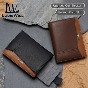 LouisWill Men Short Wallet Drawable Card Slot Design RFID Block Wallet Coin Wallets Soft Microfiber Genuine Leather Wallet Multi-Card Position ID Credit Cards Holders Coin Bag Business Wallets