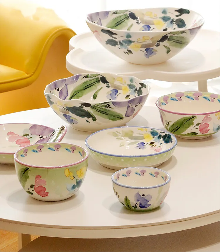 OMK American Style Underglaze Ceramic Deep Dish Dinner Plate Set Salad Bowl  Double Ear Fruit Plate Tableware Set Morning Glory Design Theme