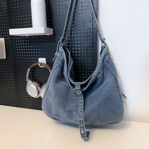 New washed denim shoulder bag vintage workwear style large capacity suitable for daily commuting and work tote bag crossbody bag