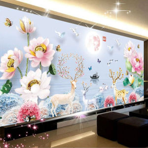 (tranh chưa thêu) Tranh thêu kín Hươu Tuần Lộc nở đầy hoa may mắn hoa Sen 100x55 cm