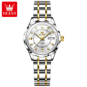 OLEVS 6727 Women Fashion Mechanical Watch Gift Stainless Steel Watchband Round-dial Wristwatch Week Display Calendar Luminous