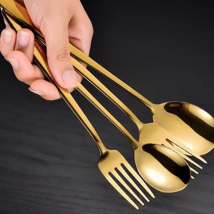 VILLACURTAIN Korean Flatware Stainless Cutlery Korean Style Steel Dining Spoon and Fork Gold