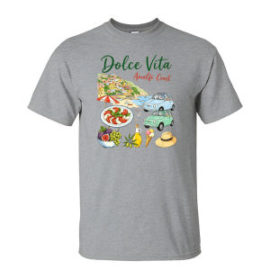 [Local Stock] HBESTY  Dolce Vita Amalfi Coast Italian Scenery Food Car Cartoon Men Summer Cotton T Shirt Mediterranean Vacation Graphic Daily Top