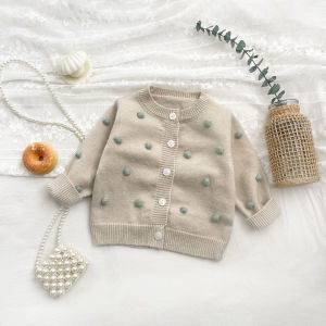 Korean-style baby princess infant knitted cardigan autumn pom-pom coat little girls romper with suspenders set