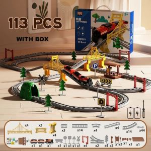 VOYUE Plastic Childrens Electric Train with Track 7Styles Babys Birthday Gift Kids Electricity Track Rail Car Toys with Box Assembly Puzzle Railcar
