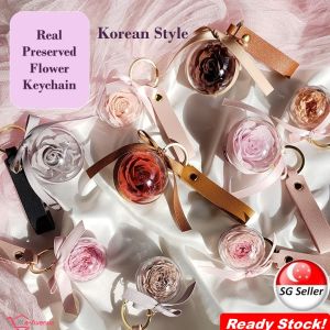 Preserved Flower Rose Keychain Handbag Charm Accessories PU Leather Korea Style - Mothers Day Birthday BFF Bridesmaid Gift - 4cm and 5cm Ball Size