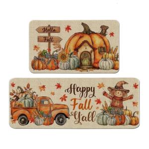 2-Pack Fall Pumpkin Truck Kitchen Mats - Entryway Rugs with Seasonal Decor for Front Door Kitchen Floor Thanksgiving Indoor Use