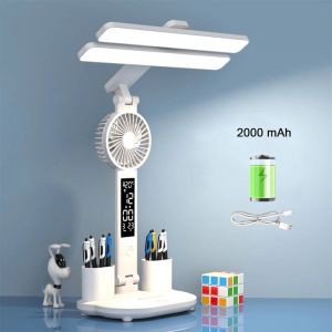 Rechargeable Table Lamp for Study Desk Lamp Reading Light Led Table Light with Fan Led Clock Dispaly Reading Lamp