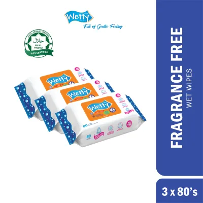 Wetty Fragrance Free Wet Wipes 80s x 3 Bags