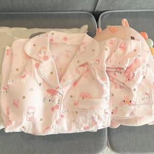 Korean Soft Cotton Womens Pajamas Set Summer Cartoon Print Sleepwear Breathable Wearable Outside Loungewear