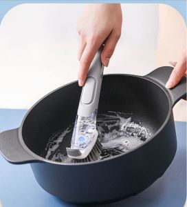 Uniqhome Lock&Lock Kitchen Dishwasher Brush / Sponge with Automated Soap Dispenser - Refillable, Soft Button, Interchangeable Brush - Grey