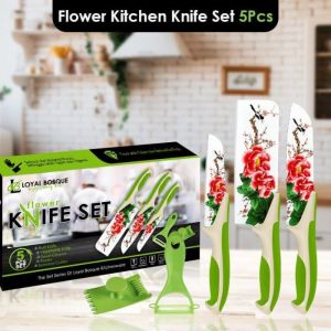 Abee Pr-671 (pake box) Cantik  Set pisau dapur flower serbaguna 5in1 Green & Gold