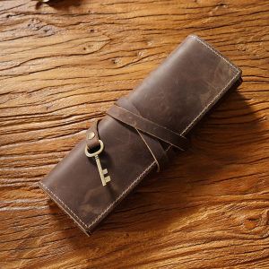 TURHA Genuine Leather Genuine Leather Pencil Case Tie Rope Pens Bag Foldable Leathe Pencil Bag Roll Up Bag Foldable Nature Cowhide Pen Protection Bag Stationery
