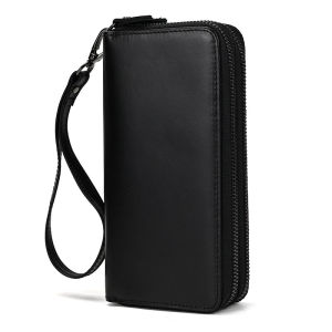 Mens Crazy Horse Leather Long Wallet Genuine Leather Double Zip Wallet Double Layer Cowhide Clutch Vintage Phone Wallet