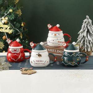 CHENJIE Snowman/Christmas Tree/Santa Claus Santa Claus Water Cup with Lid and Spoon Ceramic Christmas Ceramic Cup Creative 480ml New Year