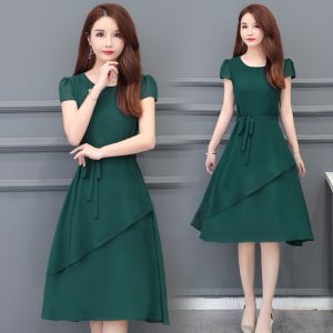 Dress For Women Korean style womens short-sleeved slim solid color round neck summer midi dress plus size cotton pink