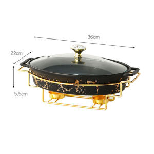 Nordic Food Warmer with Glass Cover Oval Shape Deluxe Golden Restaurant Rectangular Soup Pot Casserole Displays Serving Dish Steel Stand Buffet Porcelain with Gold Stand Chafing Dish