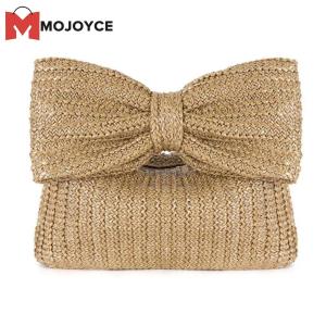 MOJOYCE Women Crochet Beach Clutch with Straw Material Bow Detail Lightweight Evening Bag