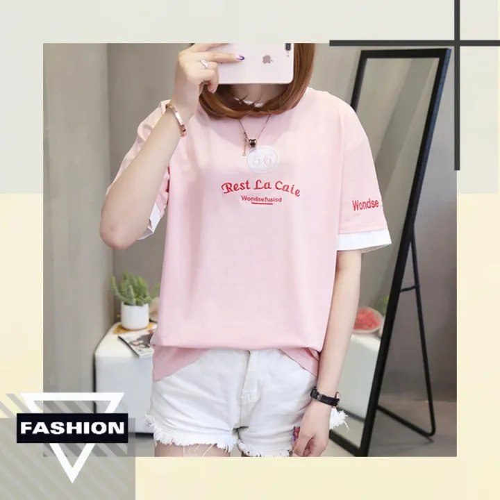 QJshop 🌼เสื้อยืดแฟชั่นคอกลม ตรงคอเสื้อกับแขนเสื้อ สลับตัดสีกับตัวเสื้อ ...