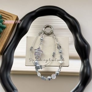Fashion oil painting pentagram bead alloy crystal keychain pendant short hanging rope pearl phone case chain