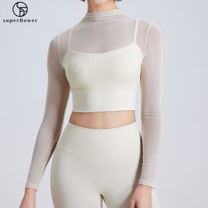 SUPERFLOWER Womens Long Sleeve Mesh Top with Fixed Bra Pad for for Running Gym Workout Yoga