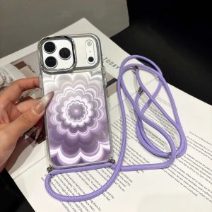 Gradient Blooming Flower Crossbody Lanyard Case for iPhone 17 Pro Max 11 12 13 14 15 16 Plus Shockproof Strap Hard Cover